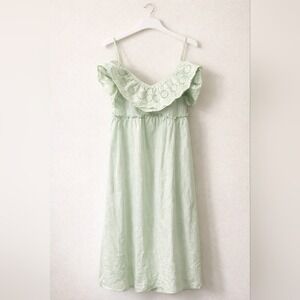 Zara Eyelet Ruffle Midi Dress Womens Medium Mint Green Cotton Cottagecore Summer